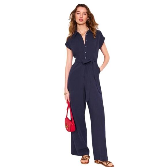 Sezane Manhatt Navy Blue Belted Jumpsuit size 36 US 4 - Picture 1 of 8